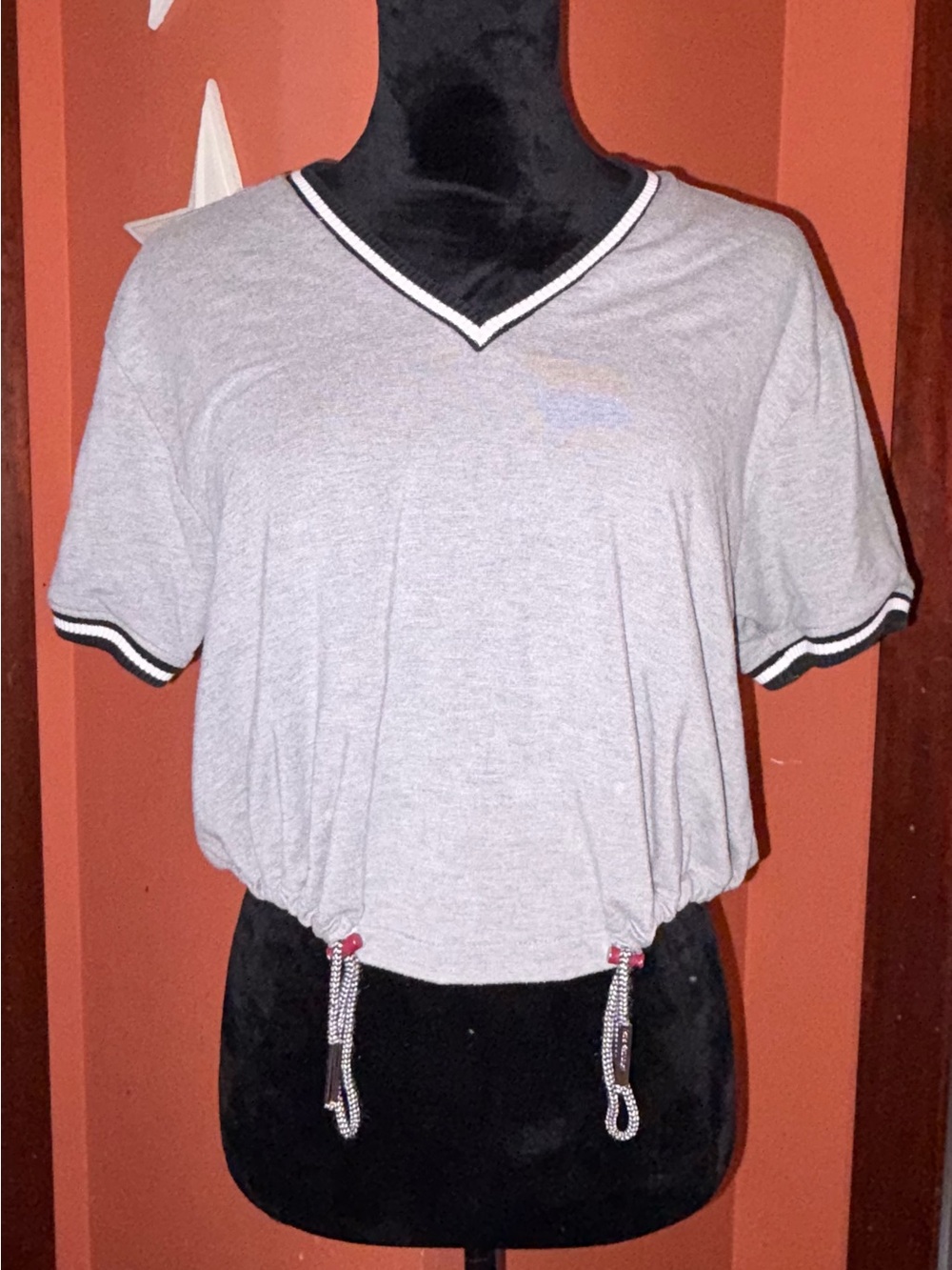 True Religion Light Gray V-Neck Drawstring Crop Top